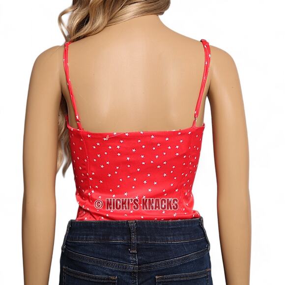Zara Red Satin Star Bodysuit Y2K Lace Up Corset Tank Snap Bottom Top Size S - Picture 7 of 12